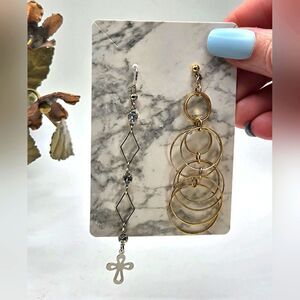 "5/$25" Mismatched Long Gold/Silver Cross/Circle Dangle Earrings
